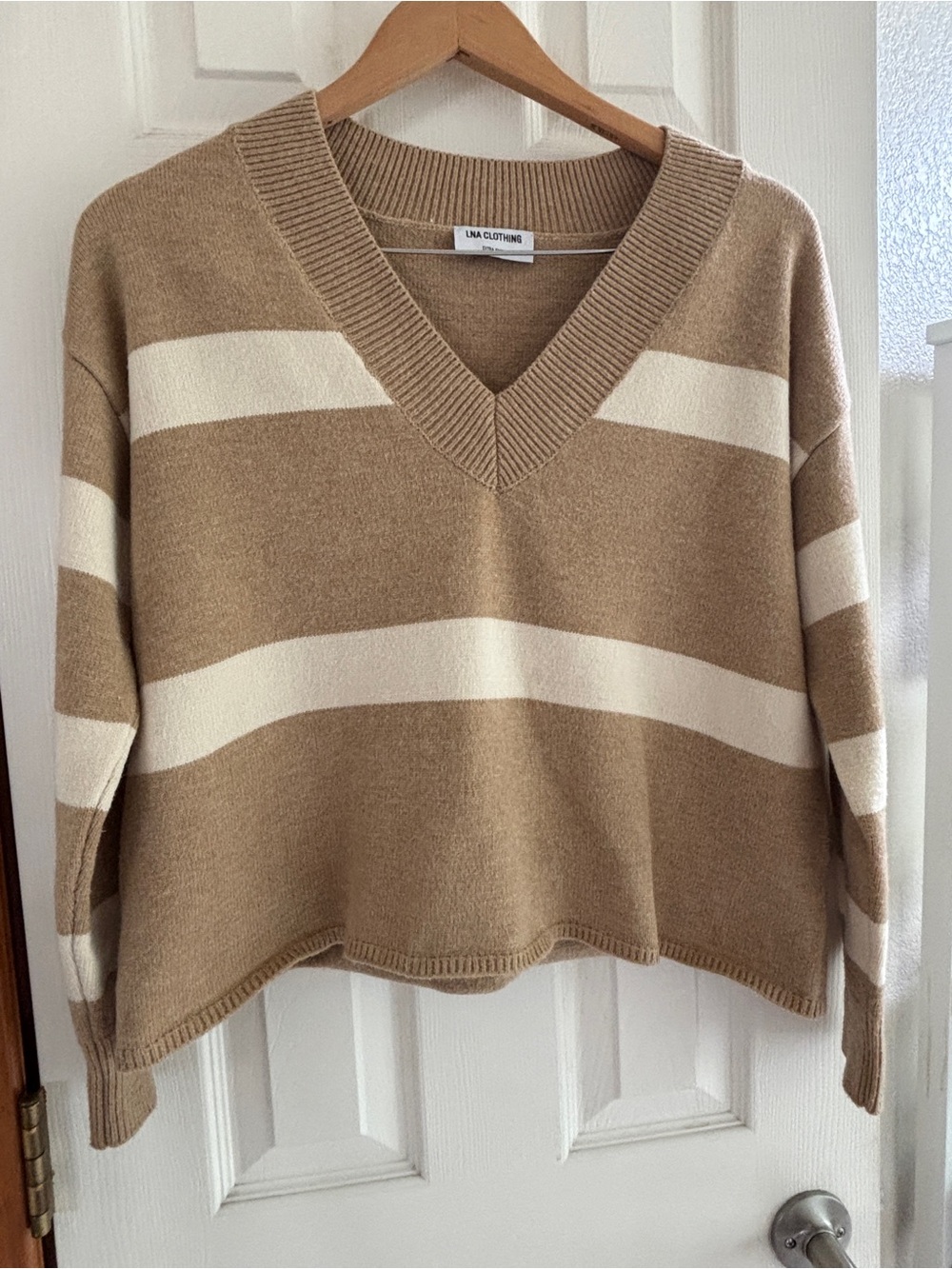 LNA Striped V-Neck Sweater in Tan and Cream